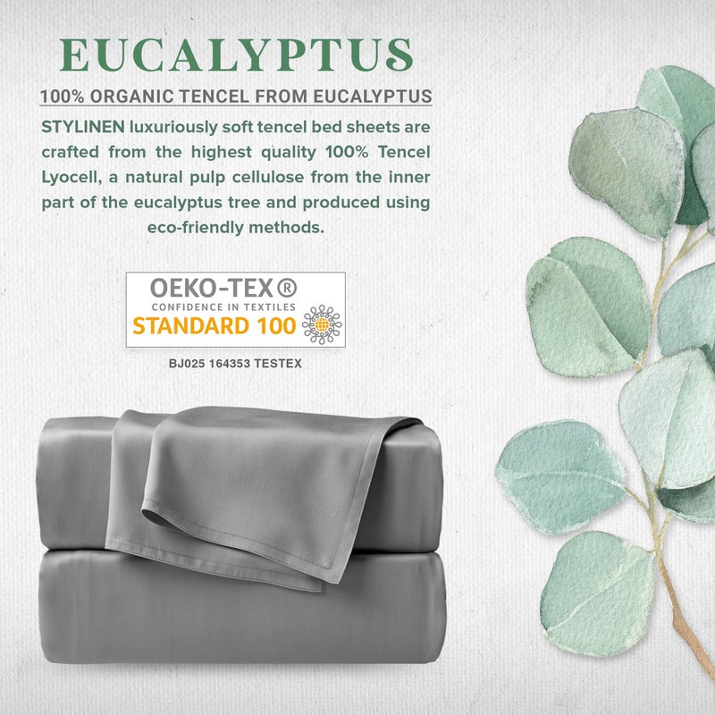 Stylinen 100% Organic Eucalyptus Bed Sheets King Size 4 Piece Set, Tencel Lyocell, Silky Soft & Smooth, Breathable, 16 Inch Deep Pockets, 1 Fitted, 1 Flat, 2 Pillowcases (King, Stone Grey) - Image 2